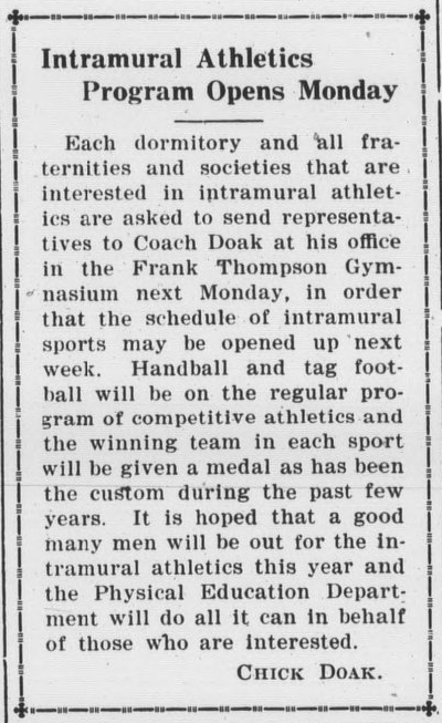 Photo of a 1926 Technician article "Intramural Athletics Program Opens Monday"