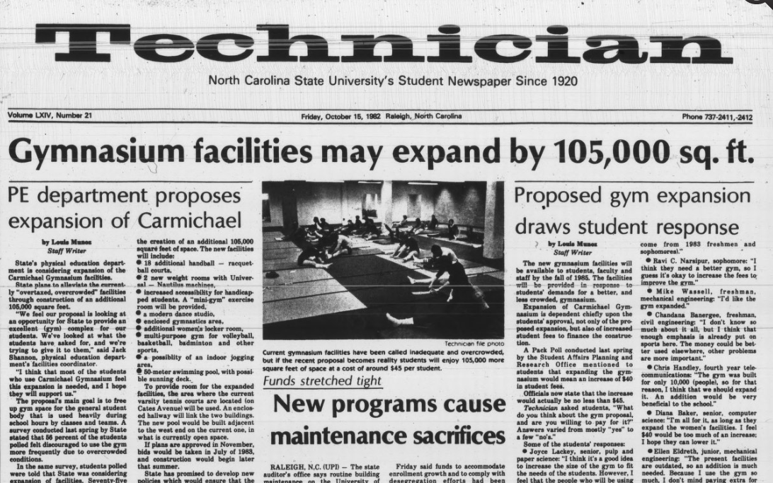 Technician article "Gymnasium facilities may expand by 105,000 sq ft" (October 15, 1982)