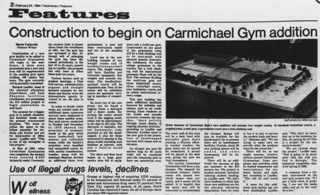 Technician article "Construction to begin on Carmichael Gym addition" (February 24, 1984)