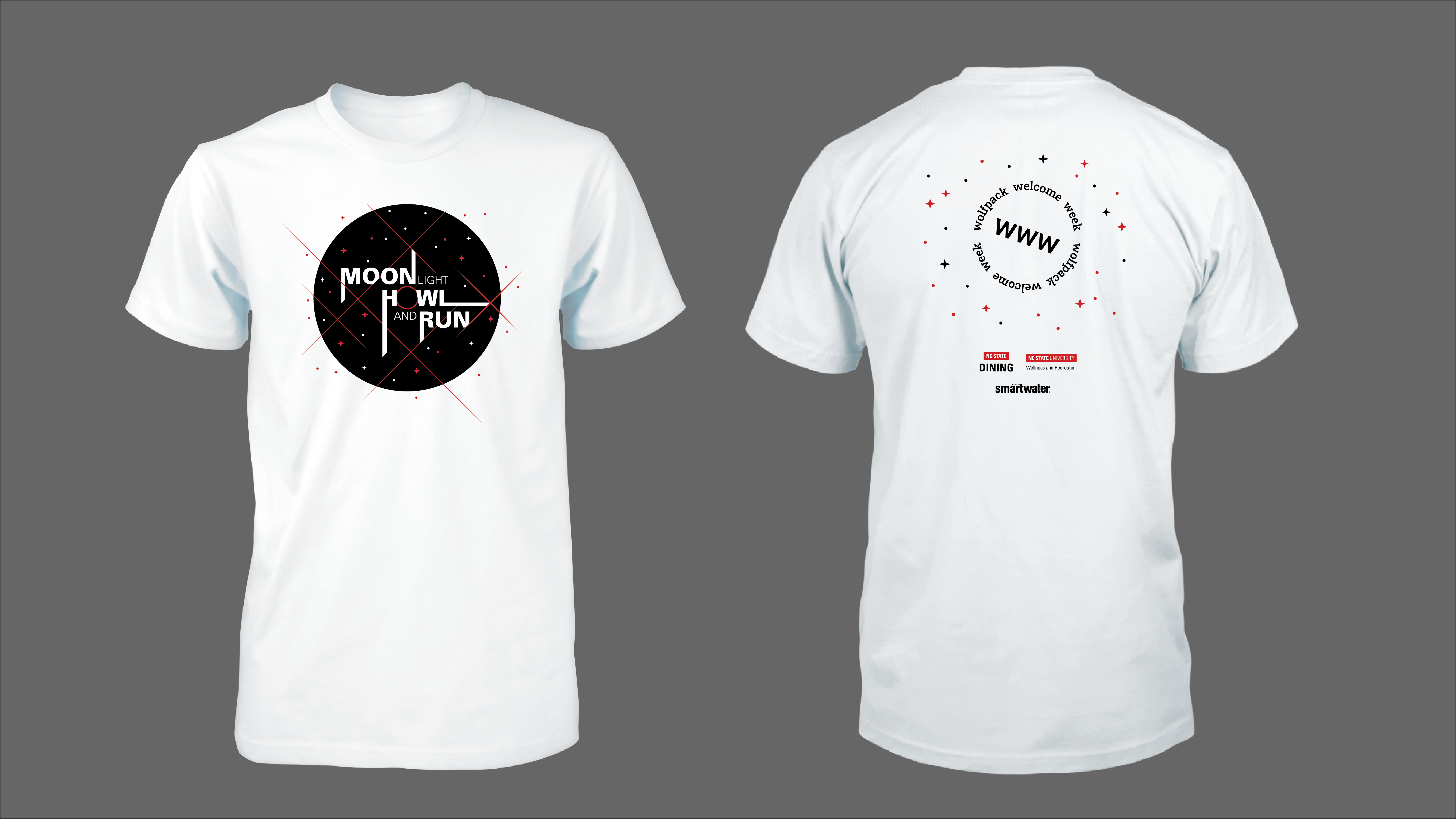 Moonlight Howl and Run white t-shirt renderings